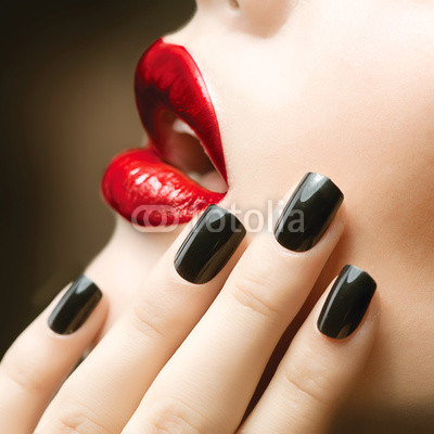 Makeup and Manicure. Black Nails and Red Lips