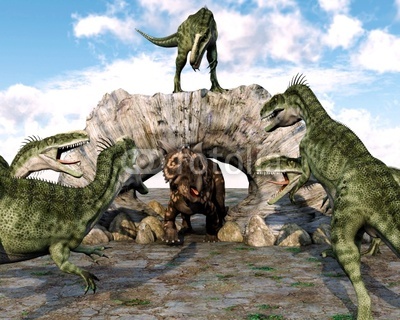 monolophosaurus gang ready to attack einiosaurus