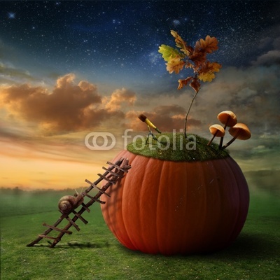 Funny Poster with Snail-Astronomer and Pumkin-Observatory