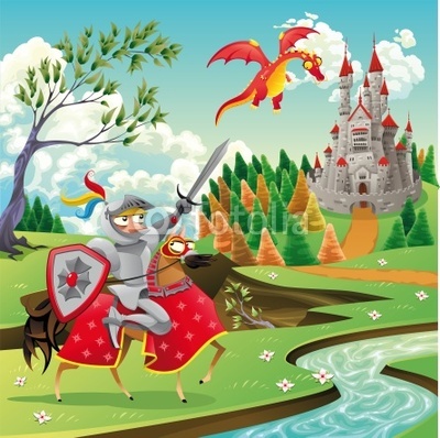 Panorama with castle, dragon and knight. Vector illustration