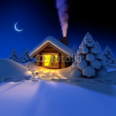 A small cottage in the fairy forest in snowy New Year's Eve