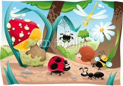 Insects family on the ground. Funny cartoon and vector scene.
