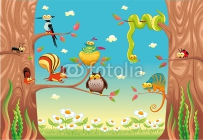 Funny animals on branches. Vector scene, isolated objects.