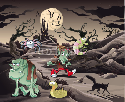 Horror landscape with characters.