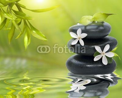 Spa still life, with white flowers on the black stones and bambo
