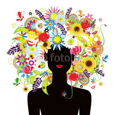 Summer face, woman with floral hairstyle beautiful