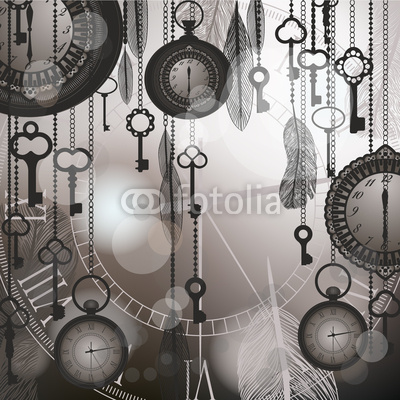 Vintage background for time concept with watches and keys.