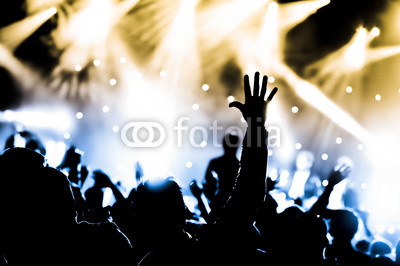 crowd with hands raised at a live music concert