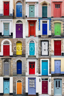 Vertical photo collage of 25 front doors