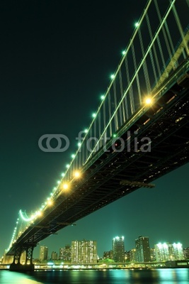 Manhattan Skyline and Manhattan Bridge At Night, New York City