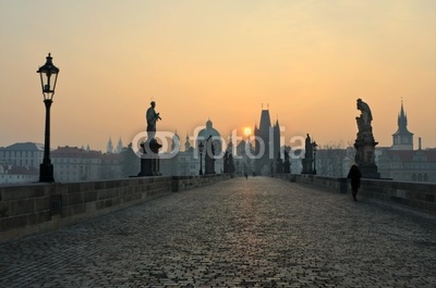 Sunrise in Prague, view from the Charles Bridge