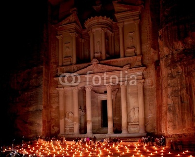 The treasury at Petra by night, Lost rock city of Jordan.