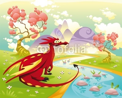Dragon in landscape. Vector illustration, isolated objects.
