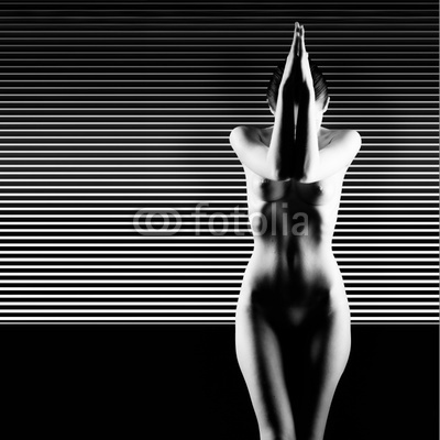 black and white artistic nude, with arms joined on a vertical li