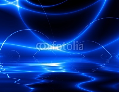 Blue abstract lights in the dark, reflected on a water surface