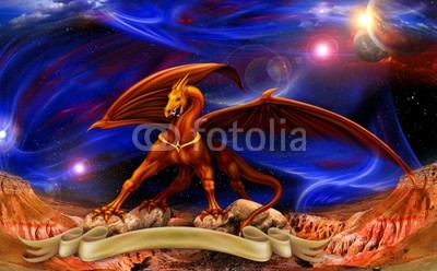Dragon in space over the parchments