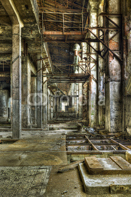 View into a long hallway in an old abandoned coal mine