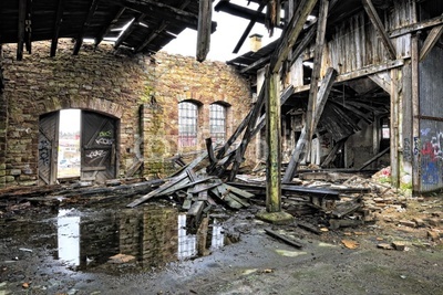 Collapsed roof of a derelict warehouse, Sarreguemines