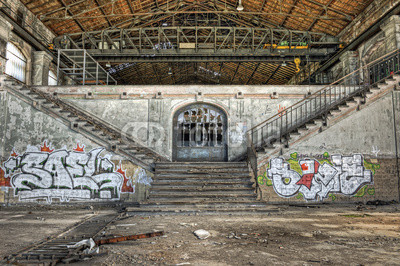 Imposing staircases inside the hall of an abandoned coal mine